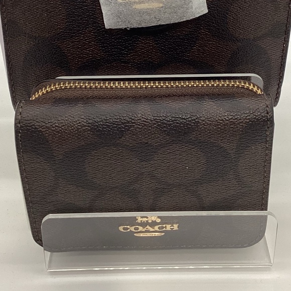 2145. Coach Small Trifold Wallet Brown/Black/Gold Signature Leather - Picture 2 of 6